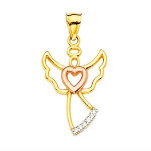 14KT Gold CZ Angel with Heart Pendant